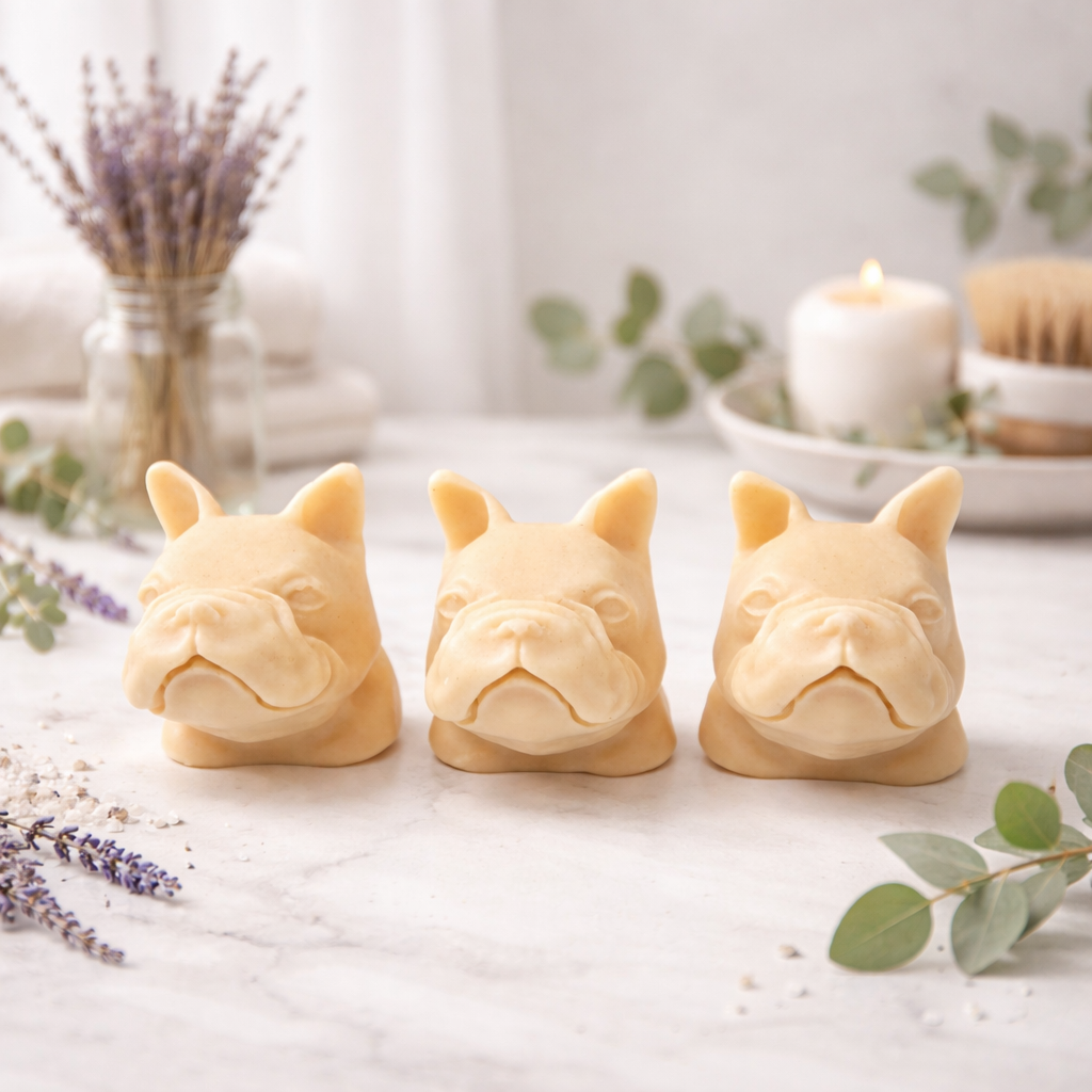 Three French bulldog-shaped vegan soap bars gift set 