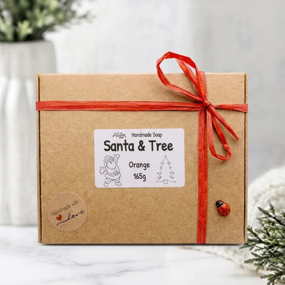 Kraft gift box with red ribbon and ladybug pin containing 'Santa & Tree' orange scented handmade soap. Ideal festive party favor.