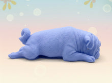Load image into Gallery viewer, Handmade vegan soap featuring sleepy pug lying down and packed in beautiful eco friendly packaging. crafted with natural French clays, activated charcoal and essential oils. a eco-friendly, zero waste gift that’s cruelty-free, skin-nourishing, and perfect for pug owners, dog lovers or animal themed gifts. Small business UK

