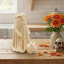 Load image into Gallery viewer, handmade vegan soap featuring a ghost with a flower crown walking a small dog, set against a soft pastel background for a whimsical farmhouse decor touch.

