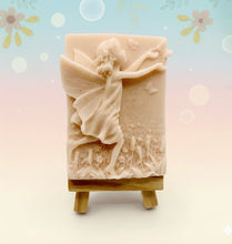 Load image into Gallery viewer, Handmade vegan soap featuring a pretty fairy chasing a butterfly and packaged in beautiful eco friendly packaging. crafted with natural French clays, activated charcoal and essential oils. a eco-friendly, zero waste gift that’s cruelty-free, skin-nourishing, and perfect for fairy lovers and whimsical themed gifts. Small business UK
