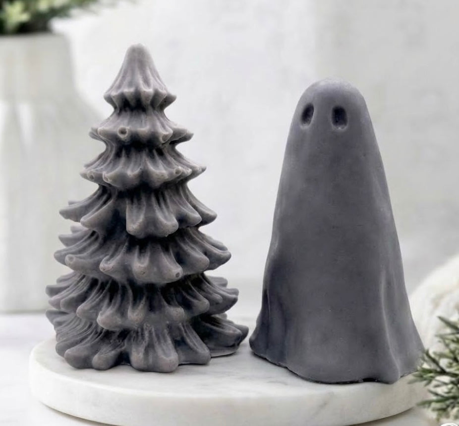 Handmade vegan soap gift set featuring a grey Christmas tree soap and a matching grey ghost soap on a luxury white marble tray.