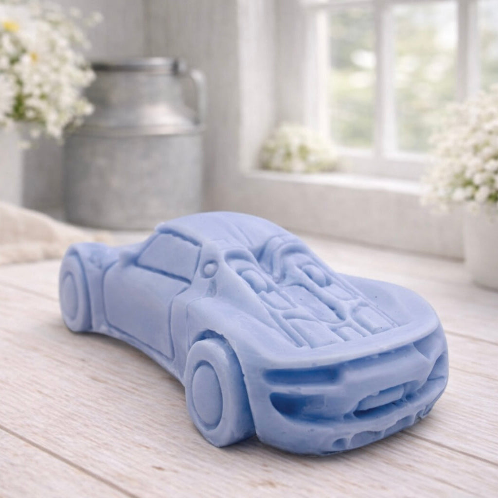 Handmade vegan soap gift featuring a sports car wrapped in beautiful eco friendly packaging