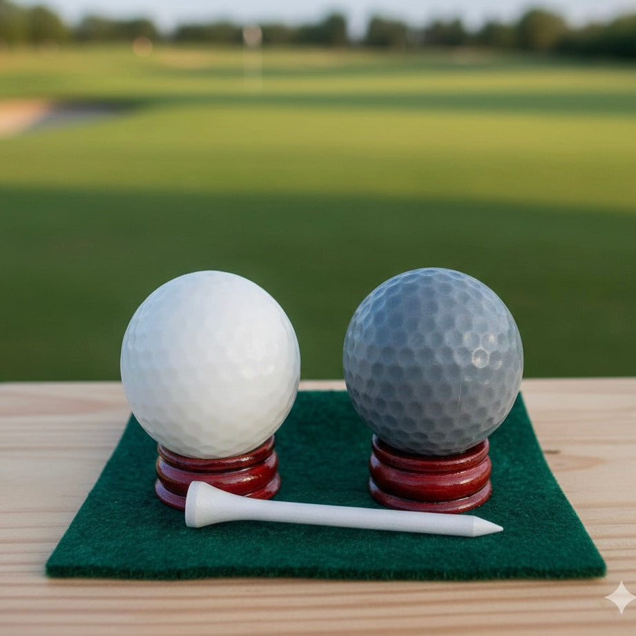 A set of two handmade vegan golf ball soaps in white and grey, displayed on miniature wooden stands with a golf tee in a bright farmhouse decor bathroom.