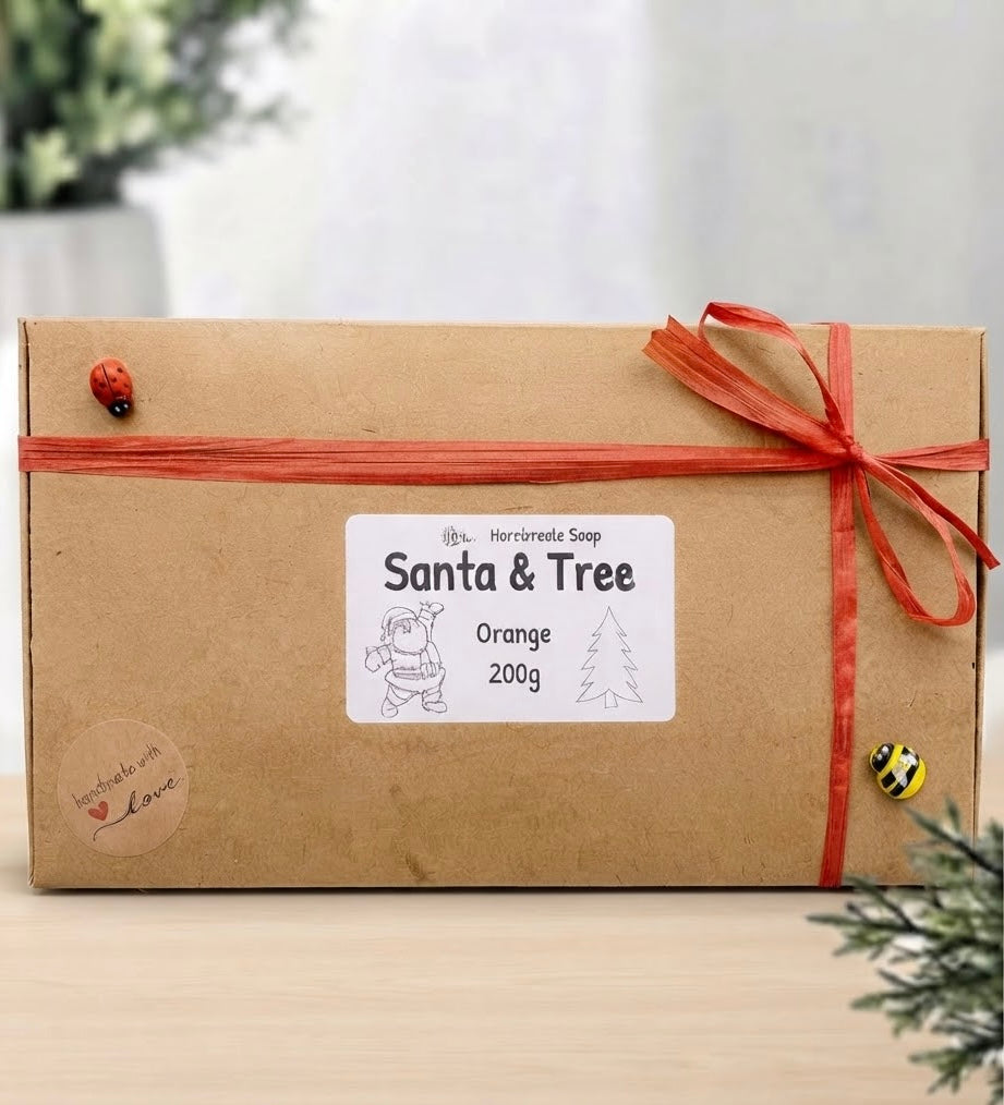 Cardboard gift box tied with red raffia ribbon and labeled "Santa & Tree Handmade Soap".