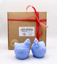 Load image into Gallery viewer, Handmade vegan chicken shaped vegan soaps, set of 2, gift boxed in beautiful eco friendly packaging.  crafted with natural French clays, activated charcoal and essential oils. a eco-friendly, zero waste gift that’s cruelty-free, skin-nourishing, and perfect for animal lovers. Small Business UK
