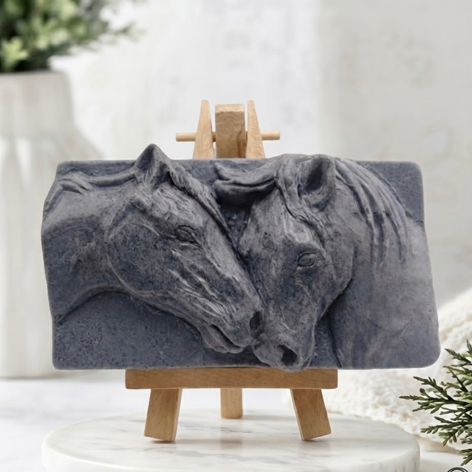 A charcoal-grey coloured vegan soap bar with a detailed, high-relief sculpted design of a mare and foal horses nuzzling. Cruelty-free handmade bath product for equestrian lovers.