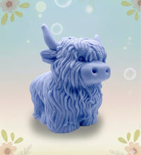 Load image into Gallery viewer, Handmade vegan soaps featuring a  large detailed highland cow. crafted with natural French clays, activated charcoal and essential oils. a eco-friendly, zero waste gift that’s cruelty-free, skin-nourishing, and perfect for animal lovers and gifting.
