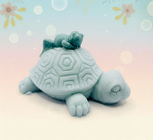 Load image into Gallery viewer, Turtle gift. Frog gift. Zero waste gift. Modern gift idea. Handmade home style. Slow and steady wins the race… especially when you’ve got a little frog friend catching a ride! 🐢💚 This adorable Turtle &amp; Frog Soap is handmade with love, gentle on the skin and kind to the planet! Guaranteed to raise a smile every time you use it!!! 😃 
