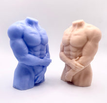 Load image into Gallery viewer, Handmade vegan soaps featuring a masculine male sculpture, packaged in beautiful eco friendly packaging. crafted with natural French clays, activated charcoal and essential oils. a eco-friendly, zero waste gift that’s cruelty-free, skin-nourishing, the perfect gift for Pride or hen party gifts. small business UK
