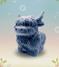Load image into Gallery viewer, Handmade vegan soaps featuring a  large detailed highland cow. crafted with natural French clays, activated charcoal and essential oils. a eco-friendly, zero waste gift that’s cruelty-free, skin-nourishing, and perfect for highland coo lovers and animal themed gifts. small business UK
