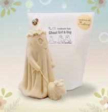 Load image into Gallery viewer, handmade vegan soap featuring a ghost with a flower crown walking a small dog, set against a soft pastel background for a whimsical farmhouse decor touch.

