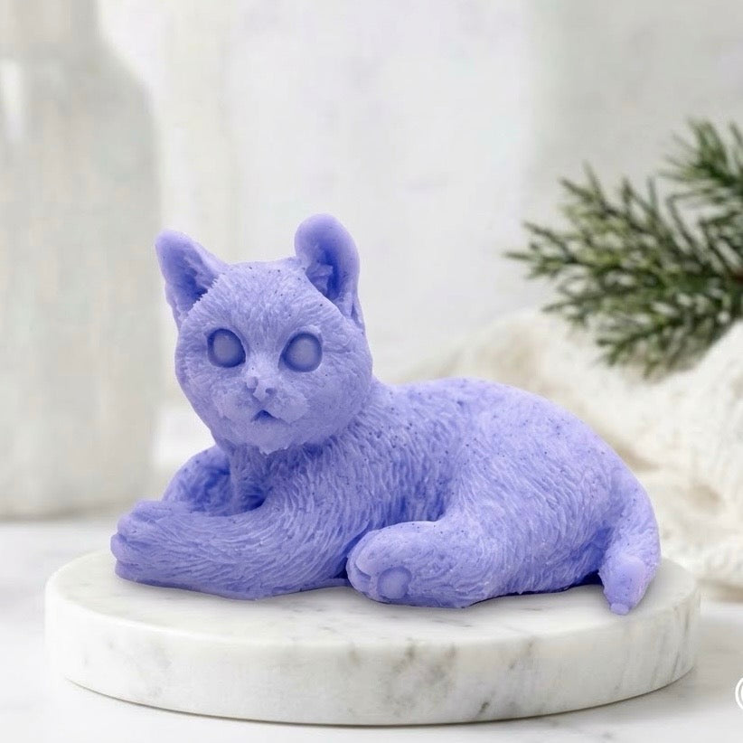 Indigo Blue cat-shaped soap on a white marble tray.