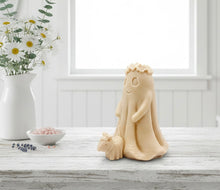 Load image into Gallery viewer, handmade vegan soap featuring a ghost with a flower crown walking a small dog, set against a soft pastel background for a whimsical farmhouse decor touch.
