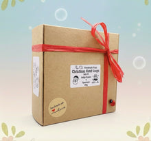 Load image into Gallery viewer, Handmade vegan Christmas  shaped vegan soaps gift boxed.  crafted with natural French clays, activated charcoal and essential oils. a eco-friendly, zero waste gift that’s cruelty-free, skin-nourishing, and perfect for gifting. small business UK
