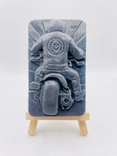 Load image into Gallery viewer, Handmade vegan soaps featuring a biker riding their motorcycle in to the sunset wearing a biker jacket. crafted with natural French clays, activated charcoal and essential oils. a eco-friendly, zero waste gift that’s cruelty-free, skin-nourishing, and perfect for motorbike lovers and gifts for him. Small business UK
