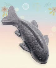 Load image into Gallery viewer, Handmade vegan soaps shaped as a large koi fish. crafted with natural French clays, activated charcoal and essential oils. a eco-friendly, zero waste gift that’s cruelty-free, skin-nourishing, and perfect for fishermen and gifts for him. Small business UK 
