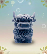 Load image into Gallery viewer, Handmade vegan soaps featuring a  large detailed highland cow. crafted with natural French clays, activated charcoal and essential oils. a eco-friendly, zero waste gift that’s cruelty-free, skin-nourishing, and perfect for highland coo lovers and animal themed gifts. small business UK
