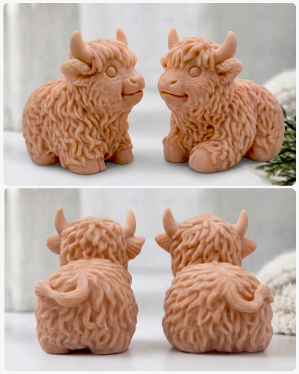 A two-part image showing, at the top, the front view of two red French clay Highland cow soaps facing each other, and, at the bottom, the rear view of the same two soaps.