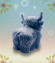Load image into Gallery viewer, Handmade vegan soaps featuring a  large detailed highland cow. crafted with natural French clays, activated charcoal and essential oils. a eco-friendly, zero waste gift that’s cruelty-free, skin-nourishing, and perfect for highland coo lovers and animal themed gifts. small business UK
