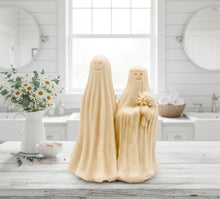 Load image into Gallery viewer, handmade vegan soap featuring a ghostly bride with a bouquet and a groom, a unique farmhouse decor wedding or anniversary gift 
