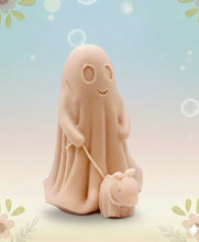 Load image into Gallery viewer, handmade vegan soap featuring a smiling ghost walking a small dog on a lead,
