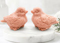 handmade pink vegan soaps featuring two soaps sculpted into round, feathered birds facing each other, presented in a brown kraft box tied with a red raffia ribbon and decorated with a small bee and ladybird.