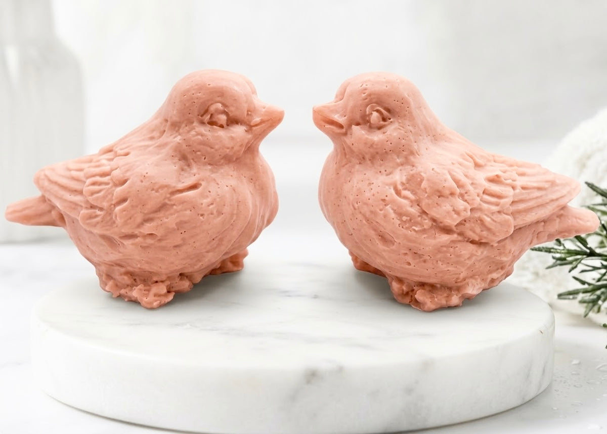 handmade pink vegan soaps featuring two soaps sculpted into round, feathered birds facing each other, presented in a brown kraft box tied with a red raffia ribbon and decorated with a small bee and ladybird.