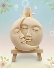 Load image into Gallery viewer, Handmade vegan soaps featuring a sun and moon. crafted with natural French clays, activated charcoal and essential oils. a eco-friendly, zero waste gift that’s cruelty-free, skin-nourishing, and perfect for moon lovers. friendship gifts and mothers day gifts. small business UK wrapped in beautiful eco friendly packaging. 
