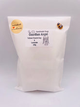 Load image into Gallery viewer,  Handmade vegan Guardian Angel soap bar, features a detailed angel with flowing wings. Natural, cruelty-free UK soap ideal for spiritual gifts, zero waste skincare, and sustainable bathroom décor. British-made artisan soap perfect for eco-conscious shoppers. Wrapped in beautiful eco friendly packaging . Small business UK
