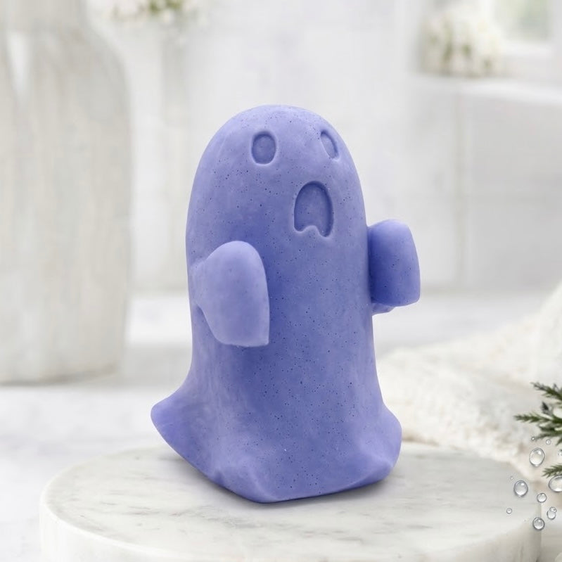 A soft blue ghost soap gift on a marble base.