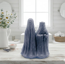 Load image into Gallery viewer, handmade vegan soap featuring a ghostly bride with a bouquet and a groom, a unique farmhouse decor wedding or anniversary gift 
