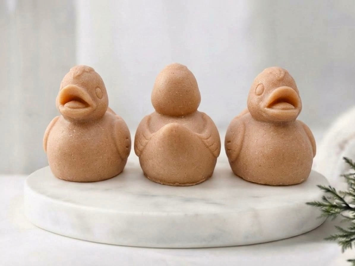 Warm terracotta brown natural vegan soap duck gift set featuring three sculpted duck figures.