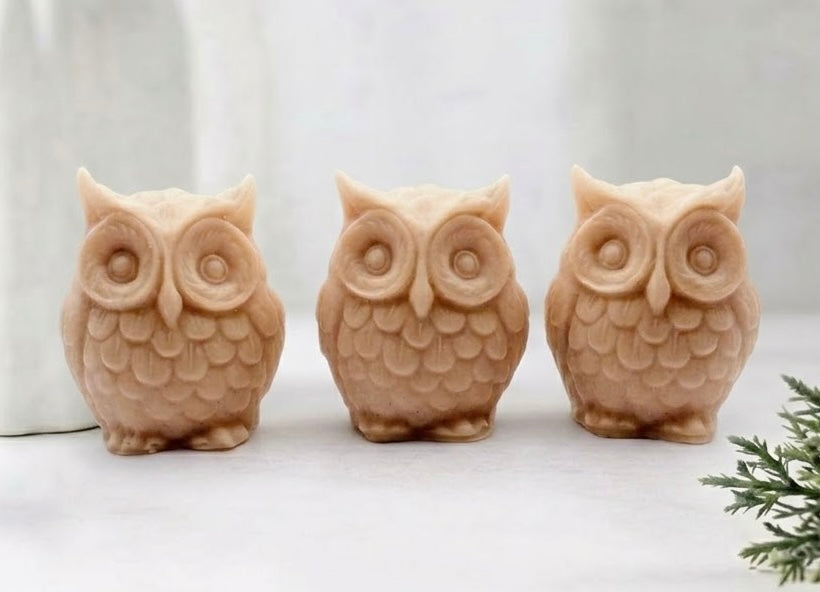 A gift set featuring three terracotta coloured handmade vegan soaps shaped like barn owls , arranged in a row on a light wooden surface with white flowers in the background 