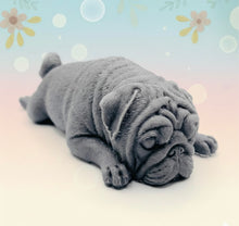 Load image into Gallery viewer, Handmade vegan soap featuring sleepy pug lying down and packed in beautiful eco friendly packaging. crafted with natural French clays, activated charcoal and essential oils. a eco-friendly, zero waste gift that’s cruelty-free, skin-nourishing, and perfect for pug owners, dog lovers or animal themed gifts. Small business UK
