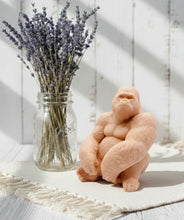 Load image into Gallery viewer, A highly detailed large handmade vegan soap in the shape of a realistic sitting gorilla, featuring textured fur details, perfect for wildlife-themed farmhouse decor and unique gifts.
