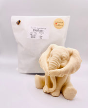 Load image into Gallery viewer, Handmade vegan soap featuring a large chunky elephant with big floppy ears . crafted with natural French clays, activated charcoal and essential oils. a eco-friendly, zero waste gift that’s cruelty-free, skin-nourishing, and perfect for animal lover gifts and gifts for her. UK Small Business. 
