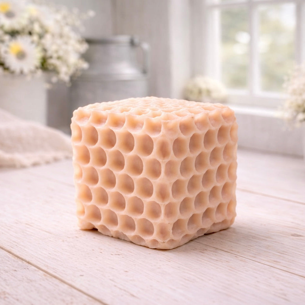 Handmade vegan soaps featuring a gorgeous honeycomb chunky design soap. crafted with natural French clays, and essential oils.