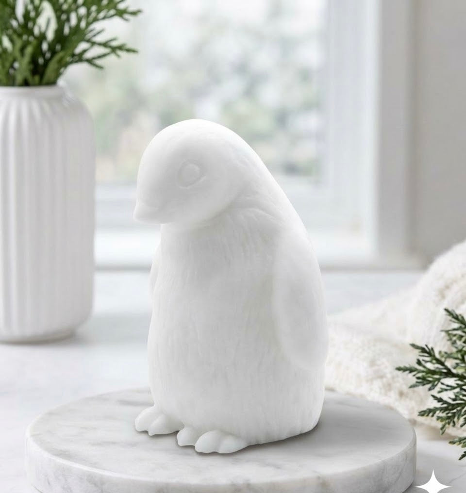 Handmade white penguin-shaped soap sitting on a white marble display tray in a bright bathroom setting.