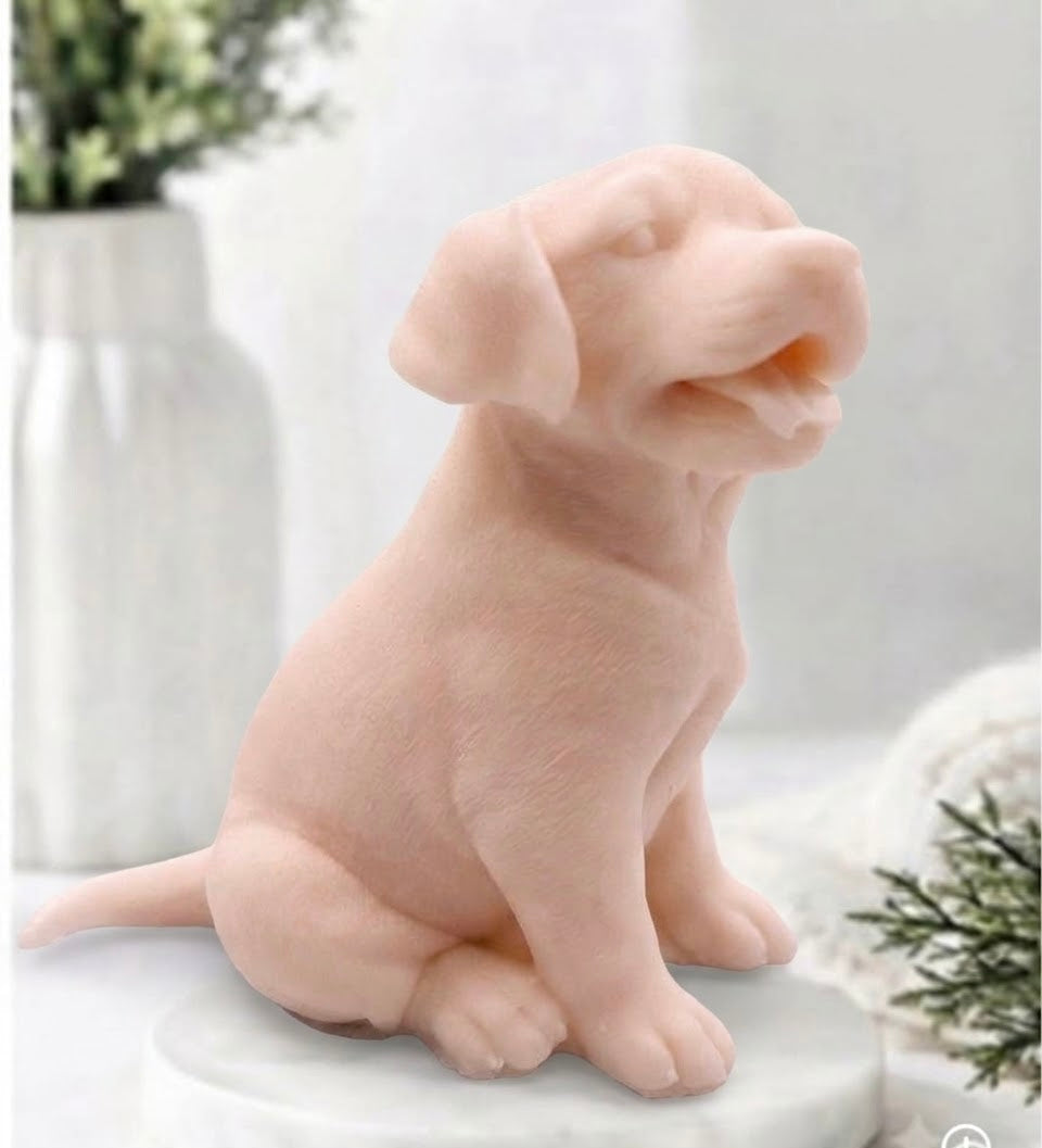 Soft pink-coloured, pink French clay handmade Labrador puppy dog vegan soap bar sitting on a white tray with an alert, cheerful expression.