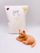 Load image into Gallery viewer, Handmade vegan soaps featuring a lazy cat, in beautiful eco friendly packaging. crafted with natural French clays, activated charcoal and essential oils. a eco-friendly, zero waste gift that’s cruelty-free, skin-nourishing, the perfect gift for cat lovers or for animal lovers. small business UK
