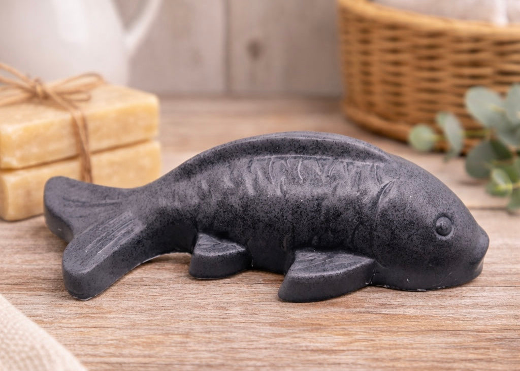 Detailed handmade vegan soap in the shape of a koi fish by Soap Simple Creations, a unique gift idea for fishermen and farmhouse decor bathroom
