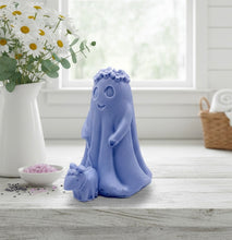 Load image into Gallery viewer, handmade vegan soap featuring a ghost with a flower crown walking a small dog, set against a soft pastel background for a whimsical farmhouse decor touch.
