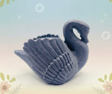 Load image into Gallery viewer, Handmade vegan soaps featuring a  graceful swan and packed in beautiful eco friendly packaging crafted with natural French clays, activated charcoal and essential oils. a eco-friendly, zero waste gift that’s cruelty-free, skin-nourishing, and perfect for swan lovers, wedding favours and animal themed gifts. small business UK
