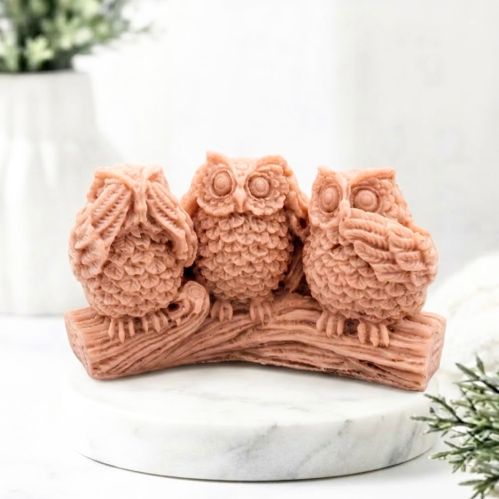 Three-dimension wise owl soap sculpture in a terracotta colour, sitting on a textured branch base. The sculpture is displayed on a round white marble tray with a blurred white background and small green foliage. 