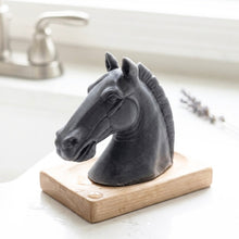 Load image into Gallery viewer, A beautiful handmade vegan soap in the shape of a realistic horse head sculpture, featuring detailed muscular definition and a flowing mane
