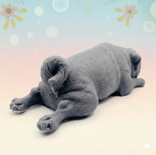 Load image into Gallery viewer, Handmade vegan soap featuring sleepy pug lying down and packed in beautiful eco friendly packaging. crafted with natural French clays, activated charcoal and essential oils. a eco-friendly, zero waste gift that’s cruelty-free, skin-nourishing, and perfect for pug owners, dog lovers or animal themed gifts. Small business UK
