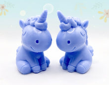 Load image into Gallery viewer, Handmade vegan soaps featuring a cute happy unicorn wrapped in beautiful eco friendly packaging. crafted with natural French clays, activated charcoal and essential oils. a eco-friendly, zero waste gift that’s cruelty-free, skin-nourishing, the perfect gift for unicorn lovers, or for animal lover gifts. small business UK
