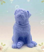 Load image into Gallery viewer, Handmade vegan soaps featuring a cute sitting pug dog. crafted with natural French clays, activated charcoal and essential oils. a eco-friendly, zero waste gift that’s cruelty-free, skin-nourishing, and perfect for pug owner gifts and dog lovers. Beautiful eco friendly packaging. Small Business UK
