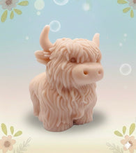 Load image into Gallery viewer, Handmade vegan soaps featuring a  large detailed highland cow. crafted with natural French clays, activated charcoal and essential oils. a eco-friendly, zero waste gift that’s cruelty-free, skin-nourishing, and perfect for animal lovers and gifting.
